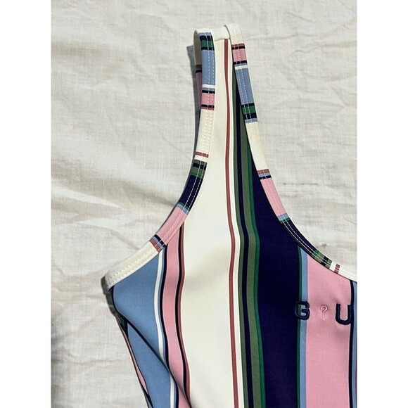 Guess logo Women's striped White/Pink scoop back thong Bodysuit snap closure EUC - Picture 3 of 11